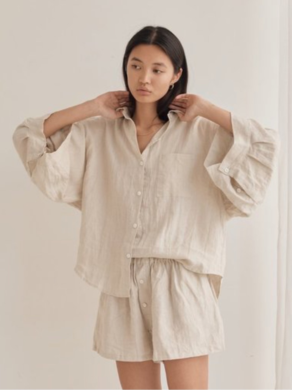 Deiji Studios Oversized Minimalist 100% Linen Blouse in Oatmeal size M/L